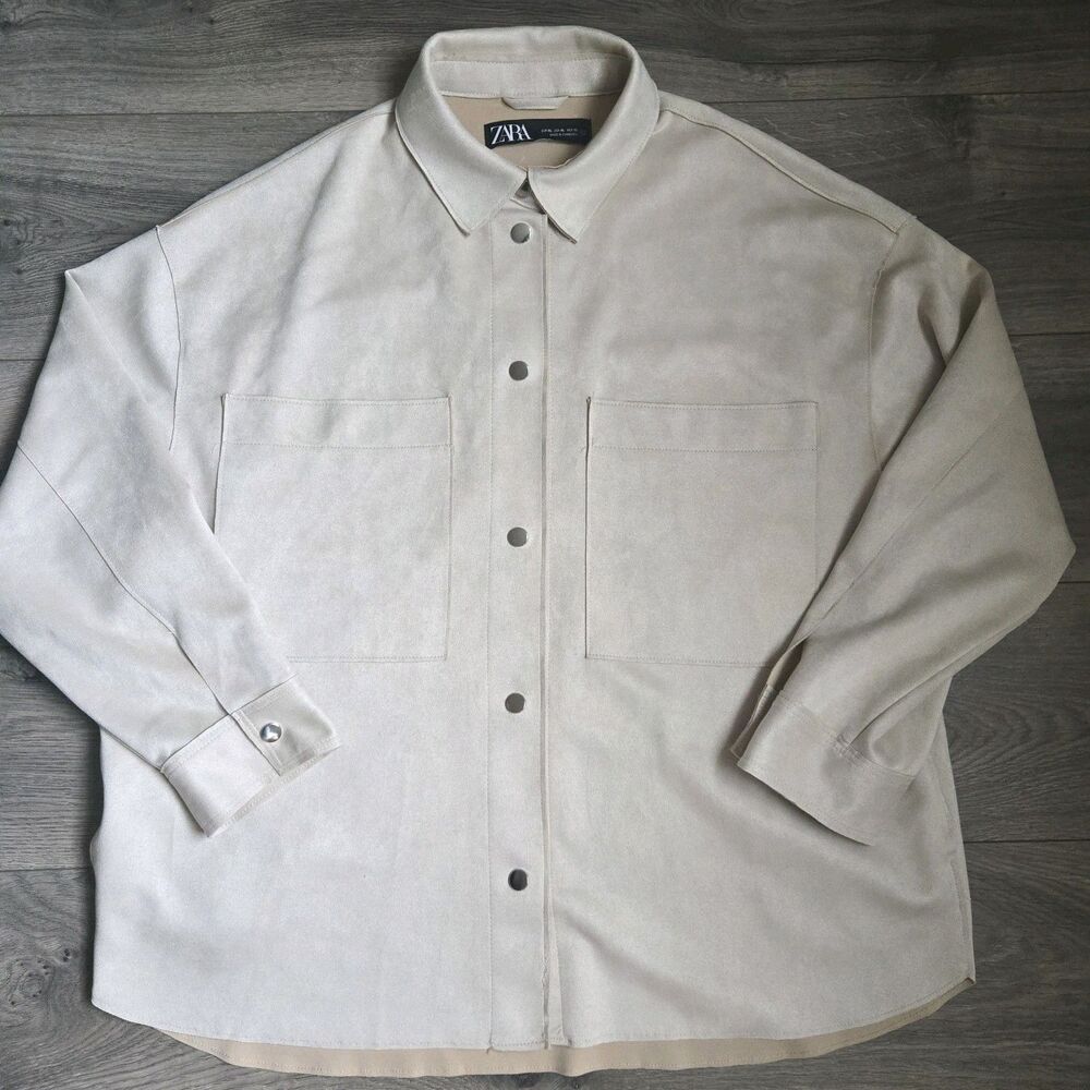 ZARA Faux Suede Overshirt Shacket Women XL Beige Cream Snap Button Minimalist